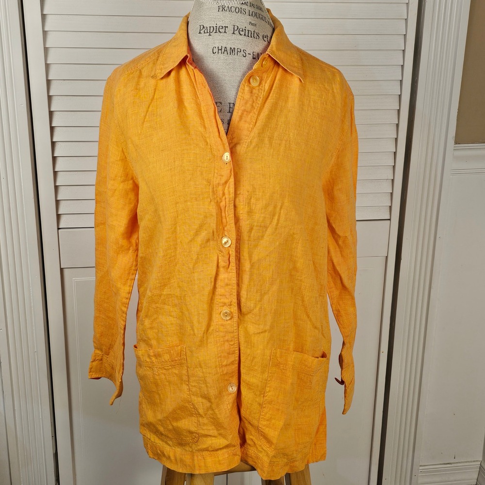Escada Sport Womens Yellow Linen 2 Pocket Long Sleeve Button Down Shirt Medium
